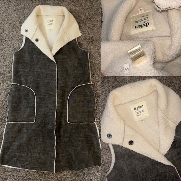 Dylan Los Angeles faux fur shearling lined long vest with pockets in dark grey. - Picture 16 of 16